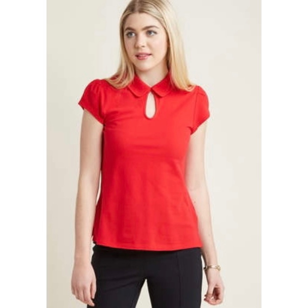ModCloth | Red Collared Keyhole Short Sleeve Top